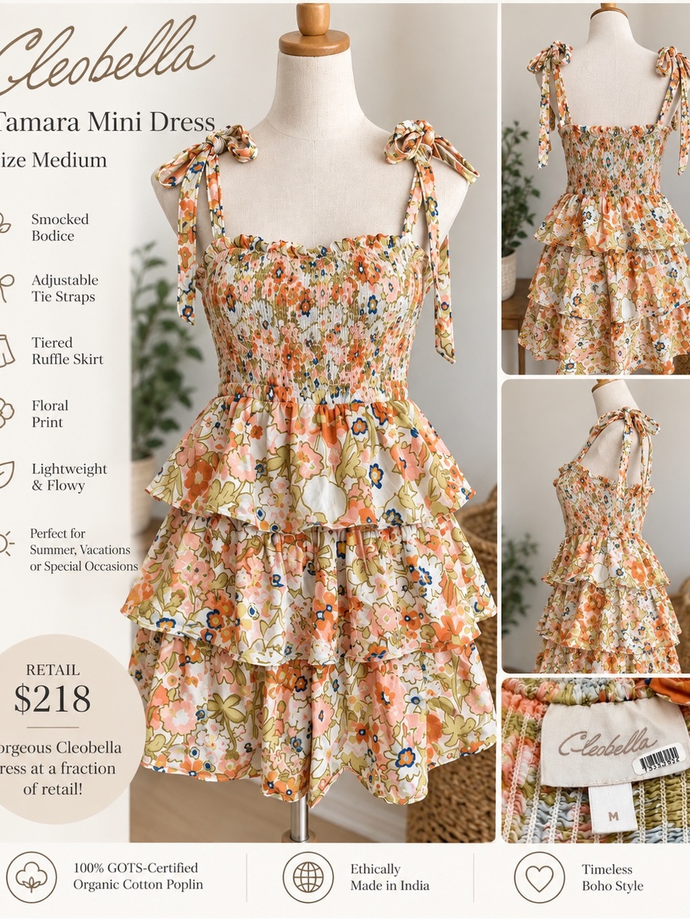 Cleobella Floral Tiered Mini Dress - Peach, Cream, Green